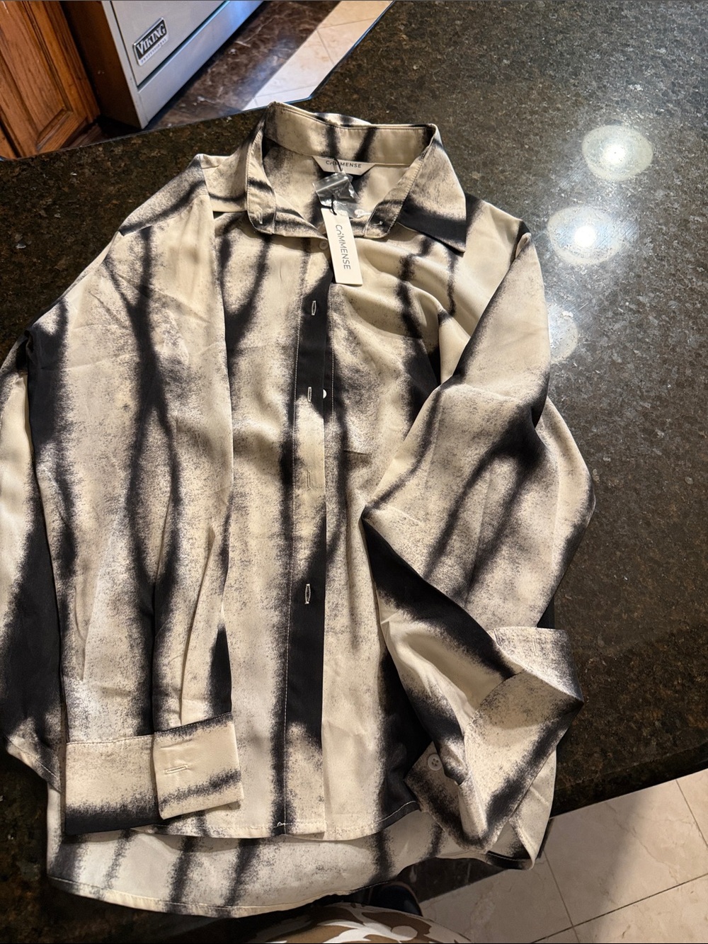 Commense Black & Cream Brushstroke Satin Button Shirt